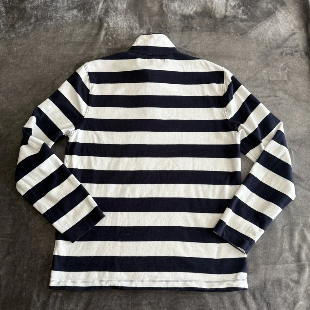 J. CREW 1/4 Zip Pullover Mock Sweater Mens Small Navy White Rugby Stripes Cotton